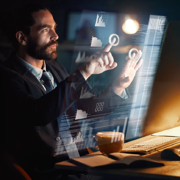 An expert interacting with holographic charts and code structures on a screen, symbolizing strategic Data Architecture, Modeling and Metadata management.