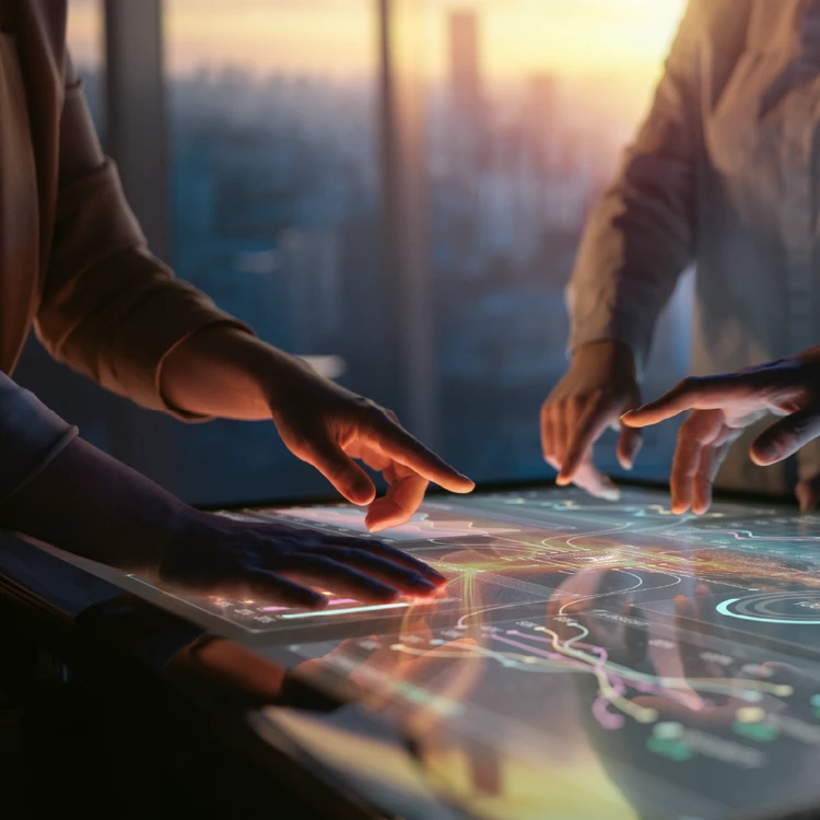 Hands of experts analyzing charts and data maps on an interactive touch table, symbolizing strategic control and management in Data Governance practices.