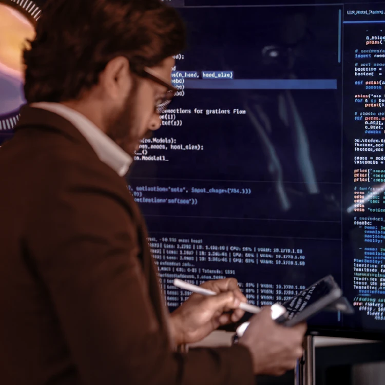 An IT manager taking notes on a tablet while analyzing system metrics on a large display, representing effective IT Program & Project Management.