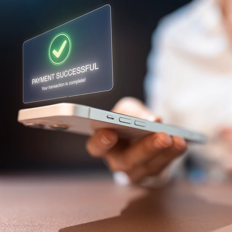 A hand holding a smartphone displaying a digital "PAYMENT SUCCESSFUL" confirmation popup, symbolizing the speed and security of innovative payments solutions.