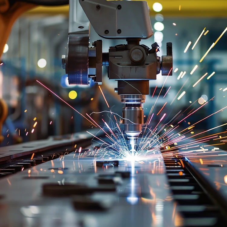 An industrial robotic arm performs precision welding on a metal sheet, symbolizing operational efficiency and execution for the manufacturing sector.