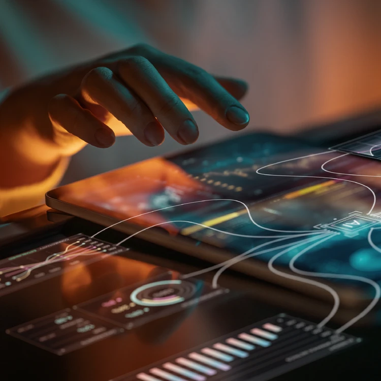 Hand touching a digital screen displaying machine learning models and analytics for risk and compliance.