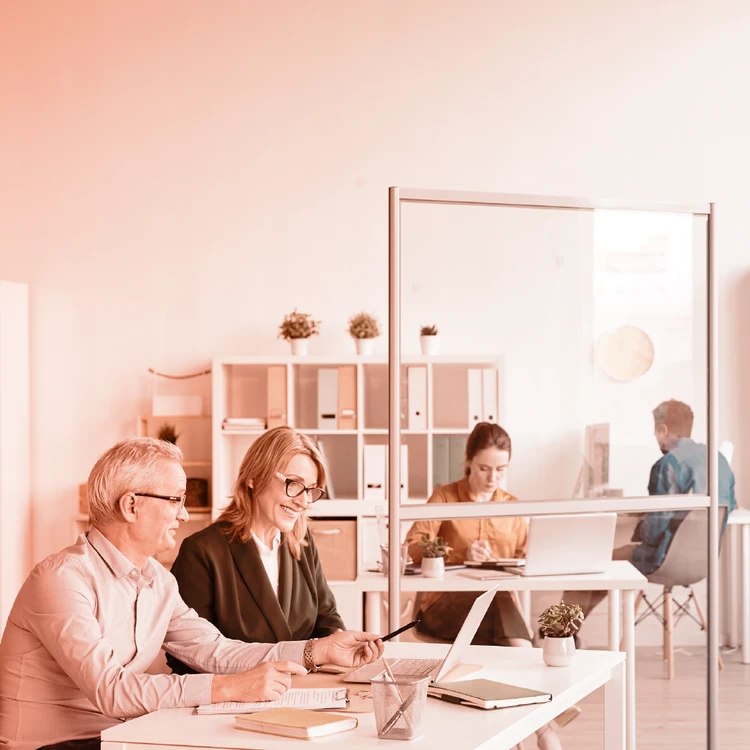 Management consulting team collaborating in a modern office; senior and junior professionals engaged in strategic analysis and execution for highly complex sectors.